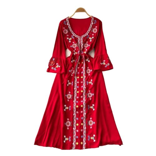 Damenkleider - Retro-Besticktes Kleid Mit Langen Trompetenärmeln Und Taillentemperament, Langes Urlaubskleid Mit Schnürung, Vintage-Hochtaillierter, Plissierter Saum, A-Linien-Print, Groß Damenkleider - Retro-Besticktes Kleid Mit Langen Trompetenärmeln Und Taillentemperament, Langes Urlaubskleid Mit Schnürung, Vintage-Hochtaillierter, Plissierter Saum, A-Linien-Print, Groß von CAEITLRSO