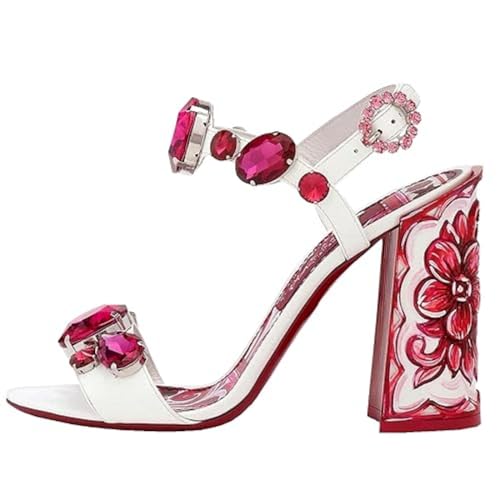 CAGLGLZ Damen Handbemalte High Heels Edelstein Sandalen Offener Zeh Chunky Heel Bohemian Ethno Stil Pumps Mode Knöchelschnalle Sandalen, Rot/Ausflug, einfarbig (Getaway Solids), 38.5 EU von CAGLGLZ