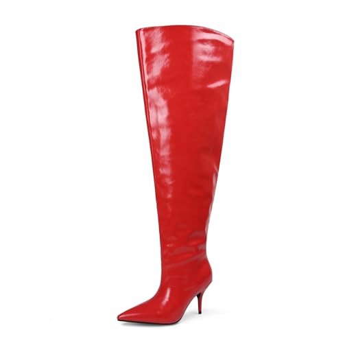 CAGLGLZ Damen-Stiefel, weite Wade, Oberschenkel, hoher Absatz, Stiletto-Stiefel, spitzer Zehenbereich, zum Überziehen, schwarz, Stiefelabsätze für Damen, Rot/Ausflug, einfarbig (Getaway Solids), 40 EU von CAGLGLZ