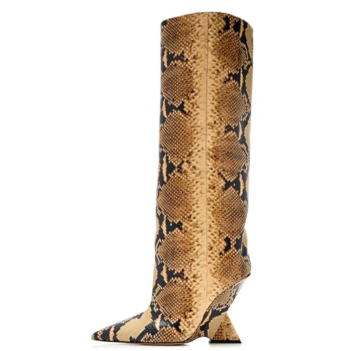 CAGLGLZ Damen Stiefel mit spitzem Zehenbereich, Keilabsatz, kniehoch, schräg abfallender Absatz, modische Pendler-Stiefel, SERPENTIN, 39.5 EU von CAGLGLZ