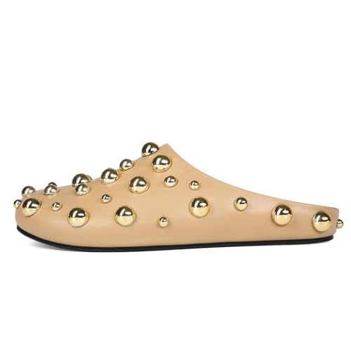 CAGLGLZ Flache Pantoletten mit Nieten für Damen, glitzernd, metallisch, geschlossen, runde Zehenpartie, Leder, Slipper, rückenfrei, bequem, modisch, Freizeitschuhe, Khaki, 37.5 EU von CAGLGLZ