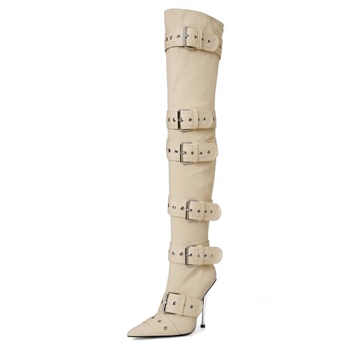 CAGLGLZ Silberne kniehohe Stiefel für Damen, 2023 Oberschenkelhohe Stiefel mit spitzer Zehenpartie und Gürtelschnalle, sexy Overknee-Stiefel, aprikose, 35.5 EU von CAGLGLZ