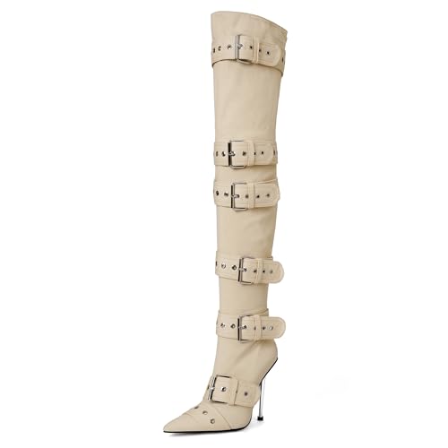 CAGLGLZ Silberne kniehohe Stiefel für Damen, 2023 Oberschenkelhohe Stiefel mit spitzer Zehenpartie und Gürtelschnalle, sexy Overknee-Stiefel, aprikose, 37 EU von CAGLGLZ