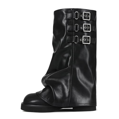 CAGLGLZ Slouchy Stiefel für Damen, umklappbar, Motorrad-Reitstiefel mit Schnalle, breite Wadenpartie, lässig, bequem, Moto-Bikerstiefel, Schwarz, 39 EU von CAGLGLZ