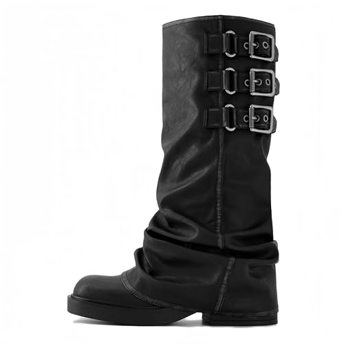 CAGLGLZ Slouchy Stiefel für Damen, umklappbar, Motorrad-Reitstiefel mit Schnalle, breite Wadenpartie, lässig, bequem, Moto-Bikerstiefel, Schwarz, 41 EU CAGLGLZ Slouchy Stiefel für Damen, umklappbar, Motorrad-Reitstiefel mit Schnalle, breite Wadenpartie, lässig, bequem, Moto-Bikerstiefel, Schwarz, 41 EU von CAGLGLZ