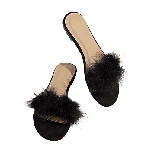 CAIJ Damen-Pelz-Slipper mit offener Spitze, flauschiger Feder-Slip-On, Sommersandalen, flache Hausschuhe mit einem Riemen, Schwarz von CAIJ