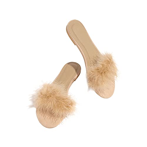 CAIJ Damen-Pelz-Slipper mit offener Spitze, flauschiger Feder-Slipper, Sommersandalen, flacher Riemen, Aprikose von CAIJ