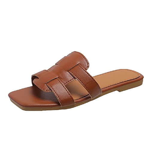 CAIJ Flache Ledersandalen, quadratisch, offener Zeh, Kreuzriemen, Rutschsandalen, zum Hineinschlüpfen, für Damen, braun von CAIJ