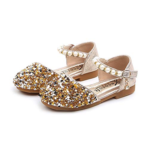 CAIJ Glitter Blumenmädchen Schuhe mit Perlen Knöchelriemen Pailletten Ballerinas für Schulparty Sparkly Mary Jane Schuhe Gold von CAIJ