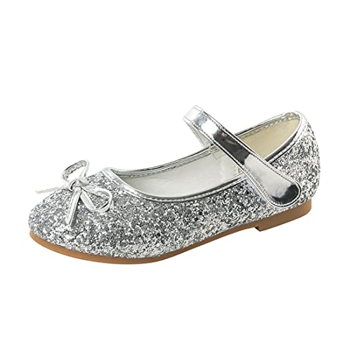 CAIJ Kleine Kinder Mary Jane Ballerinas Glitter Schleife Ballettschuhe Mädchen Prinzessin Blumenmädchen Schuhe mit Riemen Silber von CAIJ