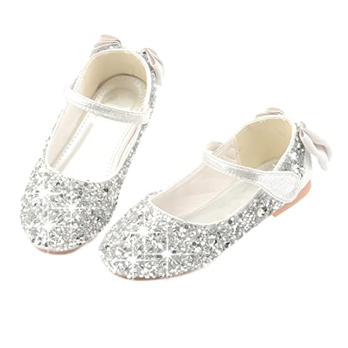 CAIJ Kleinkind Kinder Glitter Ballerinas für Mädchen Prinzessin Ballerina Mary Jane Schuhe Schleife Pailletten Abendschuhe Silber von CAIJ