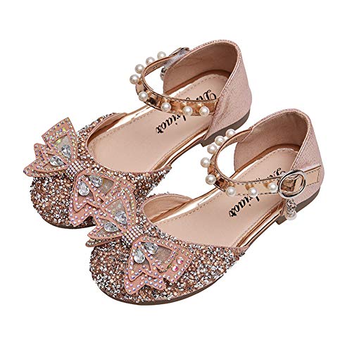 CAIJ Strass-Blumenmädchenschuhe mit Schleife Prinzessin Glitter Ballerinas für Mädchen Sparkly Mary Jane Schuhe Pink von CAIJ