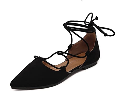 Damen Lace Up Pointed Toe Ballerinas Wrap Closed Toe Ankle Strap Flache Pumps Schuhe Schwarz von CAIJ