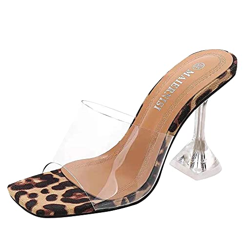 Damen Square Open Toe Pantoletten Transparent Strap Clear Stiletto Sandaletten Slip On Heels Leopard von CAIJ