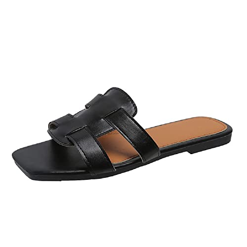 CAIJ H Band Slide Sandalen Leder Flache Sandalen für Damen Square Open Toe Slip On Mule Slides Schwarz von CAIJ