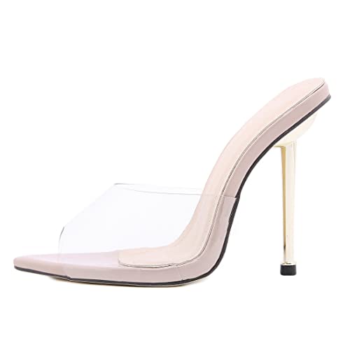 Transparente Peep-Toe-Sandalen, spitzer, offener Zeh, klare, hochhackige Pantoletten für Damen, zum Hineinschlüpfen, mit Stiletto-Absatz, Aprikose von CAIJ