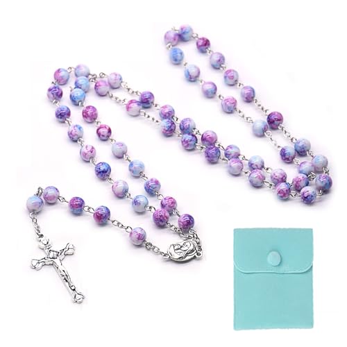 Rosenkranz Katholisch,Rosenkranz Kette,Rosary Necklace,Rosenkranz Kommunion Mädchen,Kunstperlen Katholische Rosenkranzperlen Retro-Kreuz,mit Samt Geschenkbeutel,Taufe Kommunion Hochzeit (Blauviolett) von CAIKAILIOR
