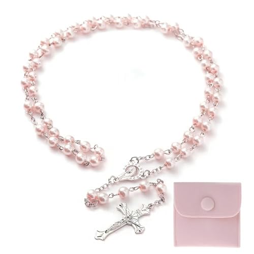 Rosenkranz Katholisch,Rosenkranz Kette,Rosary Necklace,Rosenkranz Kommunion Mädchen,Kunstperlen Katholische Rosenkranzperlen Retro-Kreuz,mit Samt Geschenkbeutel,Taufe Kommunion Hochzeit/Party (Rosa) von CAIKAILIOR