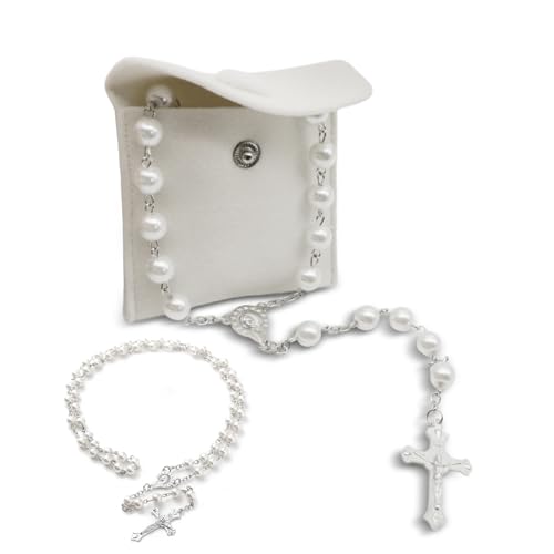 Rosenkranz Katholisch,Rosenkranz Kette,Rosary Necklace,Rosenkranz Kommunion Mädchen,Kunstperlen Katholische Rosenkranzperlen Retro-Kreuz,mit Samt Geschenkbeutel,Taufe Kommunion Hochzeit/Party (Weiß) von CAIKAILIOR