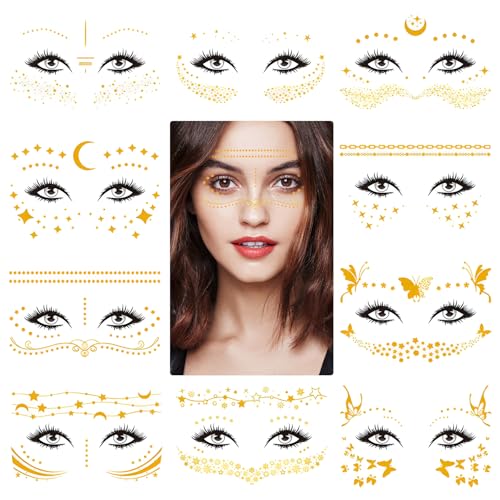 10 Pcs Temporäre Tattoo, Waterproof Metallic Tattoo, Gold Flash Makeup Stickers, Sticker klebe tattoos für Party Festival Shows for Women, Teenagers, Girls, Body Art von cailiya
