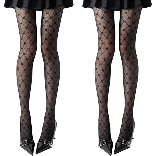 CAIRF 2 Paar Damen Strumpfhosen mit schwarzem Diamantgitter, ultra-dünne, atmungsaktive Netzstrumpfhosen, Y2K Lolita Mesh hohle JK Fischernetzstrümpfe von CAIRF