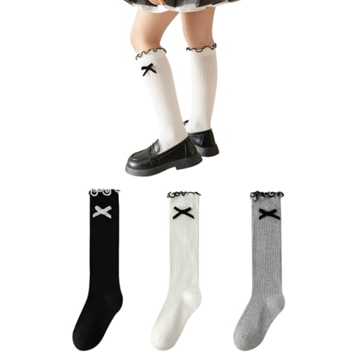 CAIRF 3 Paar Kinder Mädchen Baby Rüschen Kniestrümpfe mit Schleife,Warm Gestrickt Winter Baumwolle Socken,Schwarz Weiß Grau Einfarbige Lange Ruffle Strümpfe,Süße Kleinkind Kleid Socken 3-12 Jahre A von CAIRF