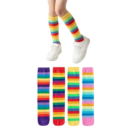 CAIRF 4 Paar Kinder Mädchen Mehrfarbige Regenbogen Gestreifte Kniestrümpfe,Lustige Bunte Regenbogen Streifen Strümpfe,Weich Lange Baumwolle Socken,Pride Kniesocken für Cosplay-Kostüm Anziehparty von CAIRF