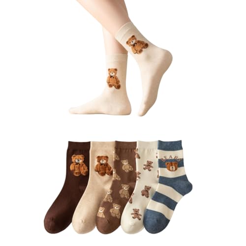 CAIRF 5 Paar Damen Novelty Teddybär Muster Bunte Socken,Cartoon Tier Druck Streifen Crew Socken,Warm Bequeme Baumwolle Freizeit Lässig Söckchen A von CAIRF