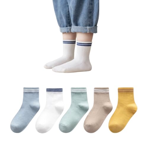 CAIRF 5 Paar Jungen Mädchen Bunte Gestreifte Sport Socken,Doppel Streifen Muster Bunte Tennissocken,Atmungsaktive Fußball Basketball Baumwolle Söckchen,Kinder Retro Streifen Mehrfarbige Söckchen B von CAIRF
