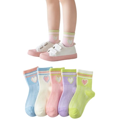CAIRF 5 Paar Kinder Mädchen Jungen Bunte Herz Gestreifte Muster Crew Socken,Lustige Streifen Socke mit Motiv,Atmungsaktive Mesh Sport Tennis Socken,Warm Winter Baumwolle Trachten Söckchen D von CAIRF