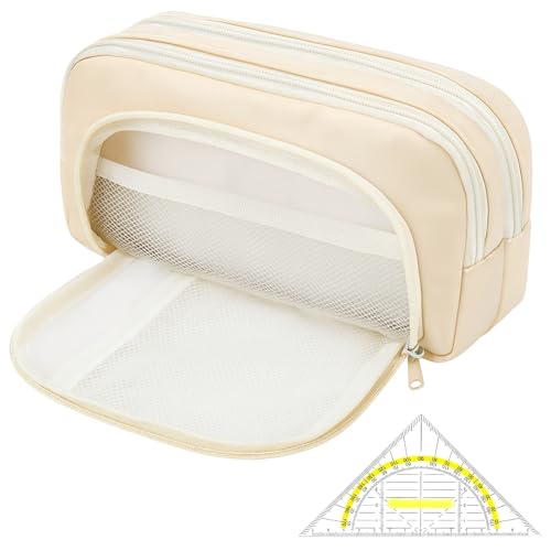 CAIXIANGYU 3-Fach Federmäppchen Groß mit Geodreieck – XXL Volumen Oxfordstoff (21x7cm) für Schule Studium Büro, Profi-Organizer mit Netzfach & Stiftschlaufen,Jungen、Mädchen、Erwachsene (Beige) von CAIXIANGYU