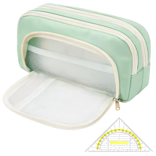 CAIXIANGYU 3-Fach Federmäppchen Groß mit Geodreieck – XXL Volumen Oxfordstoff (21x7cm) für Schule Studium Büro, Profi-Organizer mit Netzfach & Stiftschlaufen,Jungen、Mädchen、Erwachsene (Green) von CAIXIANGYU