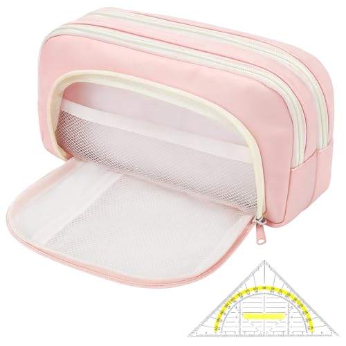 CAIXIANGYU 3-Fach Federmäppchen Groß mit Geodreieck – XXL Volumen Oxfordstoff (21x7cm) für Schule Studium Büro, Profi-Organizer mit Netzfach & Stiftschlaufen,Jungen、Mädchen、Erwachsene (Rosa) von CAIXIANGYU