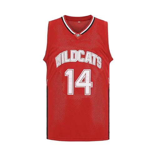 CAIYOO Herren Wildcats High School Jersey 14 Troy Bolton 8 Chad Danforth Basketballtrikot, 14 Rot, 3X-Groß von CAIYOO