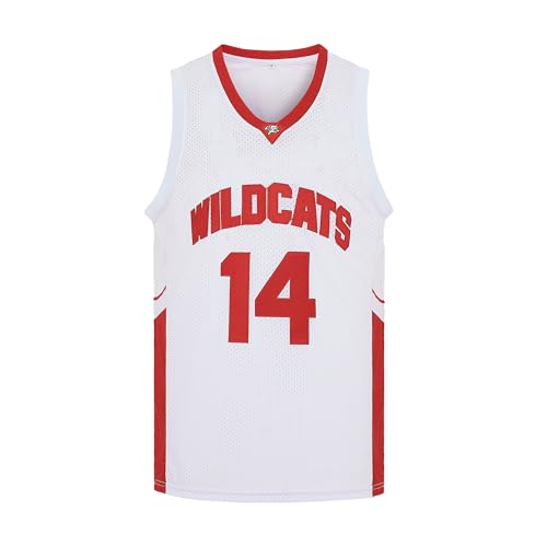 CAIYOO Herren Wildcats High School Jersey 14 Troy Bolton 8 Chad Danforth Basketballtrikot, 14 Weiß, Klein von CAIYOO