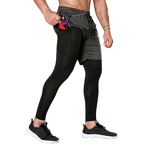 CAKERS Kompressionshose Herren 2 In 1 Shorts Fitness Sporthose Frühling Sommer Leggings Jogginghose Schnelltrocknende Laufhose Herren Mit Handytasche E-Dark Grey L von CAKERS