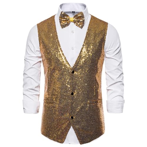 CAKERS Paillettenweste Herren Basic Slim Fit Glitzer Weste V-Ausschnitt Kostüm Unisex Ärmellos Einfarbig Weste Retro Disco Karneval Mottoparty Cosplay Weste Herren B-Gold L von CAKERS