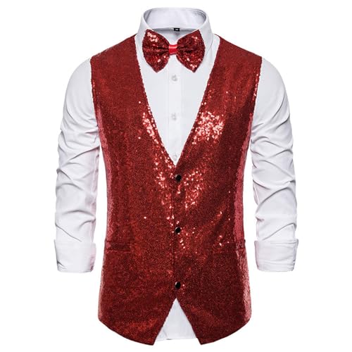 CAKERS Paillettenweste Herren Basic Slim Fit Glitzer Weste V-Ausschnitt Kostüm Unisex Ärmellos Einfarbig Weste Retro Disco Karneval Mottoparty Cosplay Weste Herren E-Wine Red L von CAKERS