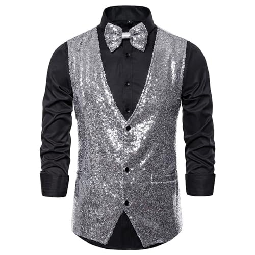 CAKERS Paillettenweste Herren Basic Slim Fit Glitzer Weste V-Ausschnitt Kostüm Unisex Ärmellos Einfarbig Weste Retro Disco Karneval Mottoparty Cosplay Weste Herren F-Silver XXL von CAKERS