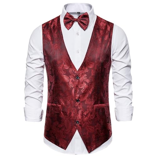 CAKERS Paillettenweste Herren Basic Slim Fit Glitzer Weste V-Ausschnitt Kostüm Unisex Ärmellos Einfarbig Weste Retro Disco Karneval Mottoparty Cosplay Weste Herren H-Wine Red S von CAKERS