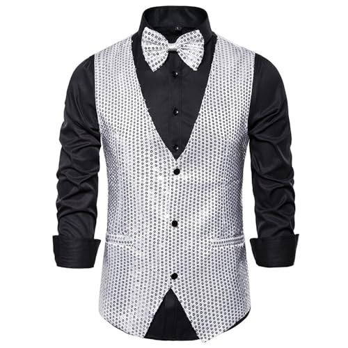 CAKERS Paillettenweste Herren Basic Slim Fit Glitzer Weste V-Ausschnitt Kostüm Unisex Ärmellos Einfarbig Weste Retro Disco Karneval Mottoparty Cosplay Weste Herren Q-Silver XXL von CAKERS