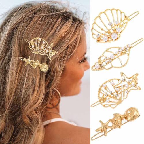 CAKURE Muschelperle Haarspangen-Set Gold Strand Hochzeit Haarnadeln Boho Conch Haarspangen Hochzeit Haarschmuck für Frauen und Mädchen (4 Stück) von CAKURE