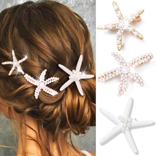 CAKURE Seestern Haarspange Perle Meerjungfrau Haarspangen Glitzernde Strass Haarspangen Seestern Haarschmuck für Frauen und Mädchen (3 Stück) von CAKURE