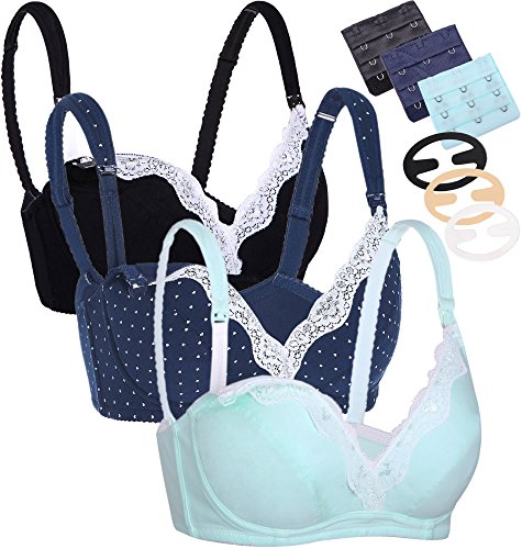 CAKYE 3er-Pack Damen-Bügel-BHS zum Stillen aus Baumwolle, Schwarz/Marineblau/Mintgrün, 3 Stück/Packung, 85D von CAKYE