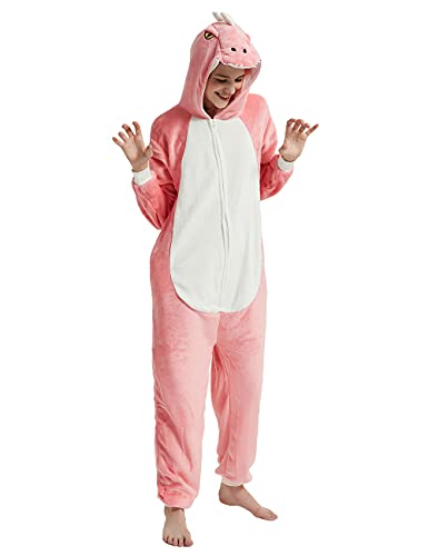 CALANTA Dinosaurier Onesie Unisex Erwachsene T-Rex Dragon Tier Kostüm Frauen Plüsch Pyjama Einteiler Cosplay Halloween Weihnachten, rose, X-Large von CALANTA