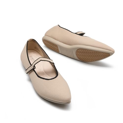 CALEBGAR Ballerinas Damen Mary Jane, Bequeme Flache Schuhe mit Riemchen, Super Weiche Flats für Kleider und Freizeit, Elegant Strick Slip on, Ballerina für Frauen mit Spitzen Zehenpartie von CALEBGAR