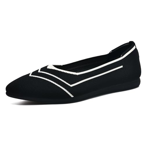 CALEBGAR Ballerinas Damen Bequeme Flache Schuhe, Slip on Strick Ballerina Frauen Spitze Zehenpartie, Super Weiche Flats für Kleider und Freizeit, Komfort Damenschuhe aus Maschenware von CALEBGAR