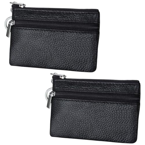 CALFOVERA 1er Pack Leder Münzbeutel Mit Schlüsselanhänger Ring Vegan Leder Kleine Geldbörsen Mini Reißverschlusstasche Schwarze Kartenhalter Für Frauen Männer Quittungen Karten Tägliche Nutzung von CALFOVERA
