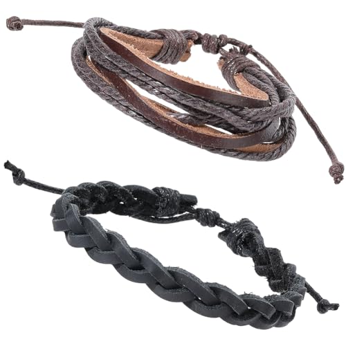 CALFOVERA 2 Stil Geflochtene Armbänder Aus Echtem Leder Braunes Rindsleder Mehrlagige Manschette Verstellbares Rustikales Lederarmband Mehrlagiges Seilarmband Für Männer Und Frauen Alltagskleidung von CALFOVERA