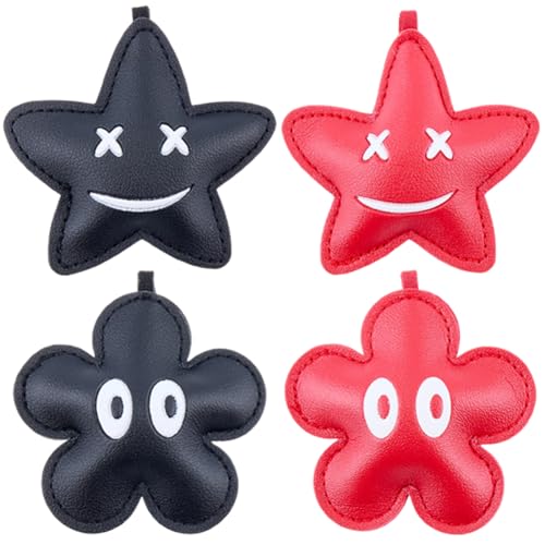 CALFOVERA 4 Stück 2 Stile Cooler Stern Lächelndes Gesicht Taschenanhänger Süße Augen Leder Blumenform Geldbörsenanhänger Mit Riemen Handgefertigt Auto Schlüsselanhänger Zubehör Für Männer Und Frauen von CALFOVERA